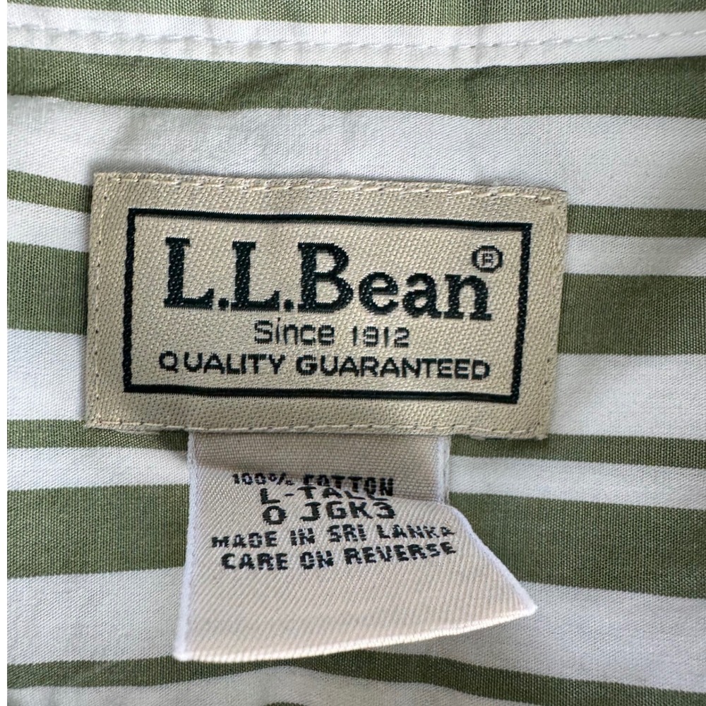 LL Bean Mens Large Tall Olive Green White Striped Cotton Button Down Shirt JGK3 - Picture 3 of 7